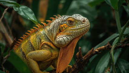 Fototapeta premium Large green iguana within thick jungle greenery