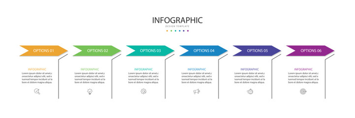Design template infographic. 6 step process infographic element with icons can be used for workflow, business information and web graphic design 