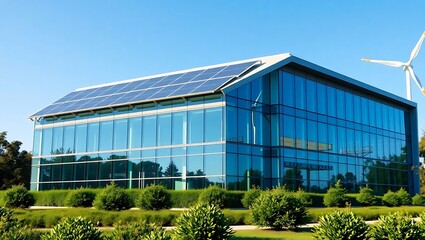 Fototapeta premium Modern glass building with solar panels and wind turbine on a sunny day with blue sky view