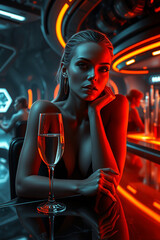 A stunning woman with bright brown eyes sits elegantly on a stool in a sophisticated bar, holding a dainty champagne glass
