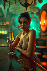 A stunning woman with bright brown eyes sits elegantly on a stool in a sophisticated bar, holding a dainty champagne glass