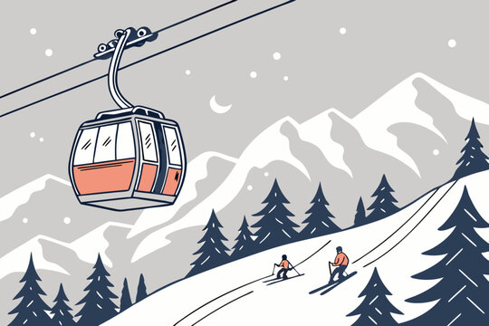 Illustration of a ski lift over snowy mountains with skiers and pine trees in a winter scene view