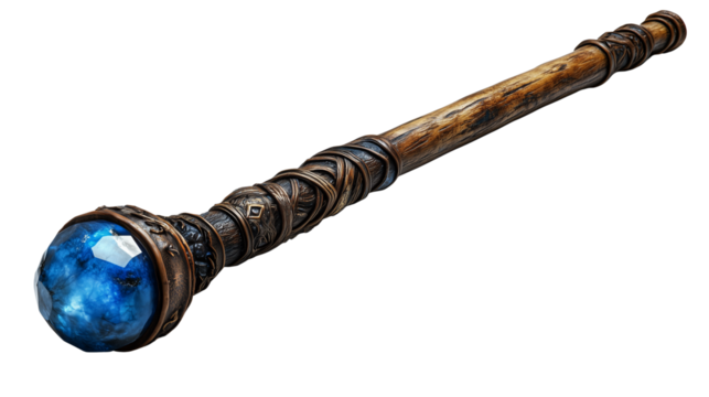 Fantasy wizard staff with twisted wooden handle and shining blue gem used for magic spells on transparent background