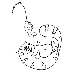 Very fat sly cat lies on its back and waits for fish hanging on a fishing rod, black outline