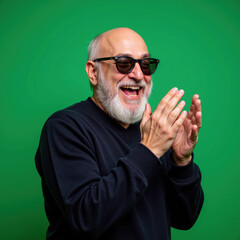 Obraz premium Joyful elderly man with glasses clapping hands, expressing happiness against green background
