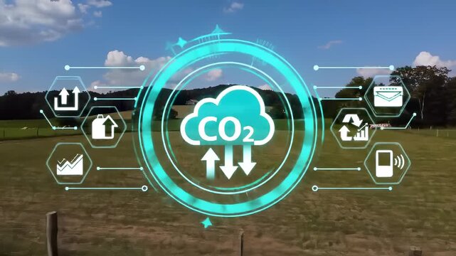 CO2 cloud icon digital interface environmental data green field blue sky sustainability technology climate change renewable energy rural landscape carbon footprint nature environmental technology