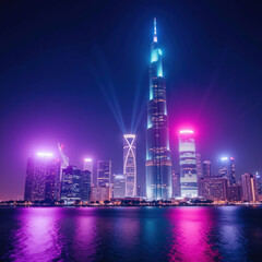 Obraz premium Vibrant city skyline night showcases modern architecture with illuminated skyscrapers reflecting water. scene is filled with colorful lights