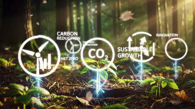 Sustainable growth and carbon reduction for net zero innovation, CO2 reduction lush green forest, eco friendly technology, environment, and renewable energy icons for climate change mitigation