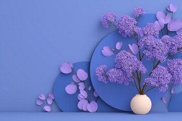 minimal 3d background illustration of blooming lilac flowers in purple tones