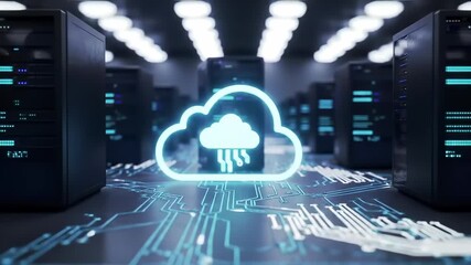 Cloud computing server room with glowing cloud icon, digital circuit lines, futuristic data center, blue lighting technology infrastructure, secure network innovation, modern information storage - Powered by Adobe