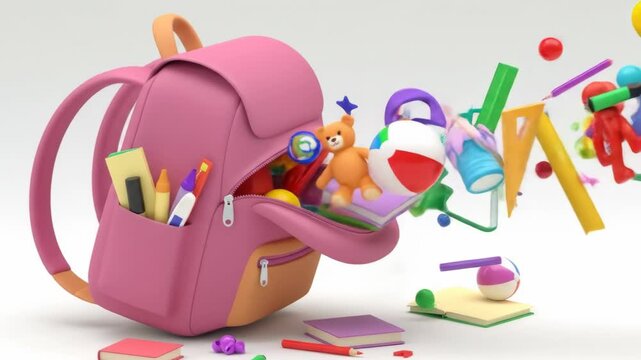Overflowing pink backpack spills colorful school supplies; books, pencils, crayons, markers, and a beach ball scatter around it on a white background
