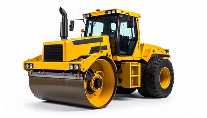 Fototapeta premium A yellow road roller stands alone on a white plane—an instrument of compression, waiting in stillness. It evokes the geometry of control, the choreography of flattening hope and potential beneath inst