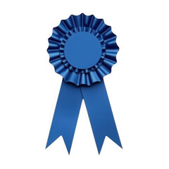 A vibrant blue rosette ribbon award with two hanging streamers is displayed prominently against a stark