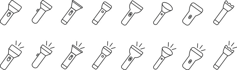 Hand torch flashlight set, black vector collection of electric lantern group in line style, portable light, battery lamp, emergency beam outline, glowing tool icon bundle