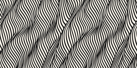 Abstract vector seamless pattern with liquid wavy lines, stripes, fluid shapes, waves. Black and white background texture with distortion effect, illusion of movement, dynamic surface. Repeated design