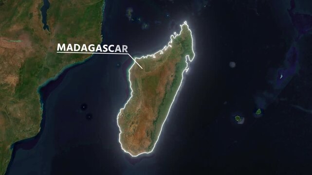 Zoom from Earth to Madagascar. Glow outline map animation satellite view with highlighted country borders. Cinematic documentary 3d world map animation highlights aerial views, tourism, and travel. 4k