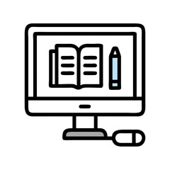 Vector art of a computer monitor displays an open book and a pencil symbolizing online education and digital learning