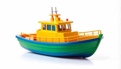 A yellow toy boat with a blue stripe and smokestack rests in childlike serenity—plastic ocean vessel reduced to its essence, where innocence meets symbolic drift. Still water not needed; the metaphor 