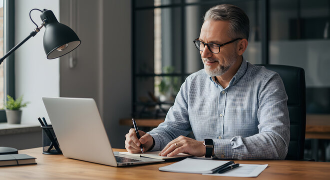 Happy mature executive ceo manager using laptop writing notes in notebook at workplace. Smiling middle aged business man working in office analyzing financial data doing research.