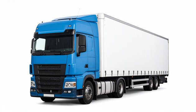 A blue semi-truck and its white trailer sit alone on an empty white stage&mdash;a monolithic container of unseen stories and industrial memory. A symbol of transit frozen mid-motion, echoing the silence bef
