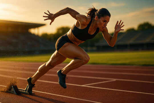 Photorealistic female sprinter launching from blocks with power and focus on stadium track. Concept of summer sport, speed, energy, control, and elite sprinting performance.