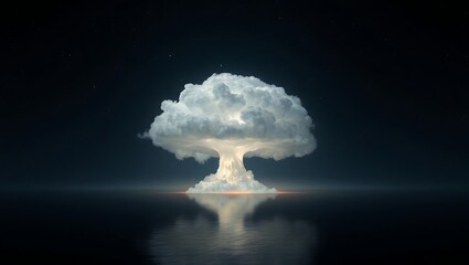 A mushroom cloud rising over a body of water under a dark night sky with a few visible stars