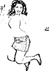 Woman jumping and pointing up