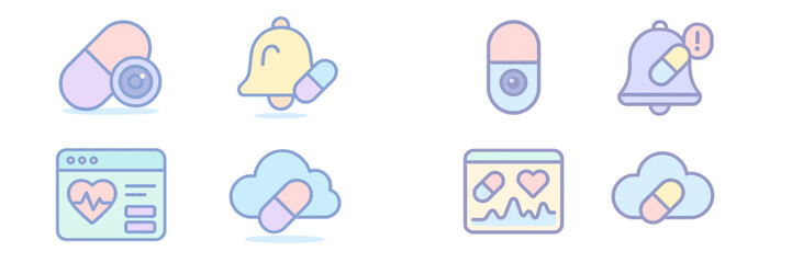 Colorful digital icons representing medication reminders and health management tools