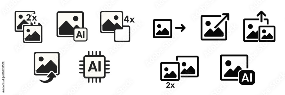 Poster icons representing artificial intelligence technology for image enhancing and processing in digital 