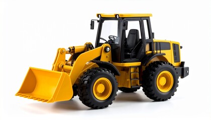 Fototapeta premium A yellow and black toy bulldozer rests idle—its treaded wheels exaggerated, its front loader frozen mid-scoop. Plastic power distilled into childhood scale, it’s less a machine than a memory container