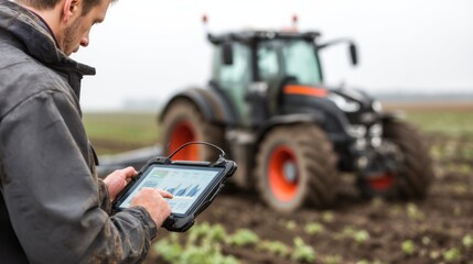 autonomous tractor and farm worker monitoring tablet, precision agriculture concept, white background