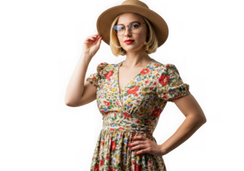 Woman in floral dress and hat posing with hand on her hip on transparent background