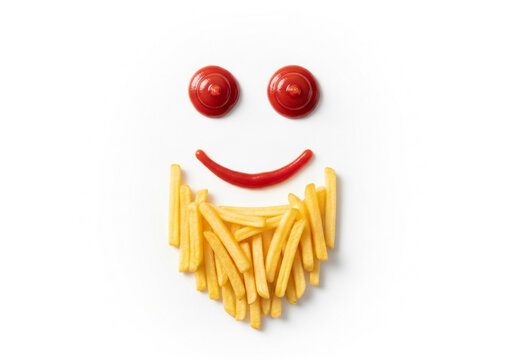 A playful smiley face made from french fries and ketchup on a white background, a fun food concept perfect for children's menus and lighthearted content