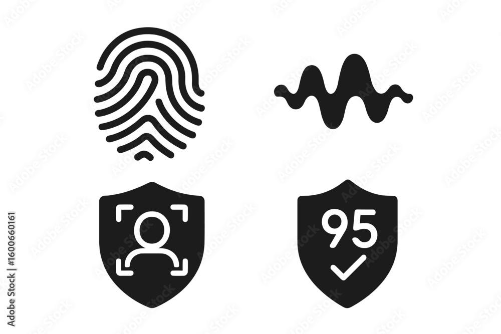 Poster technology symbols representing security features like fingerprint scanning and facial recognition u