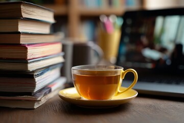 A cozy study environment features a stack of books beside a vibrant yellow cup of tea. A laptop streams an online educational lesson, emphasizing a comfortable learning atmosphere