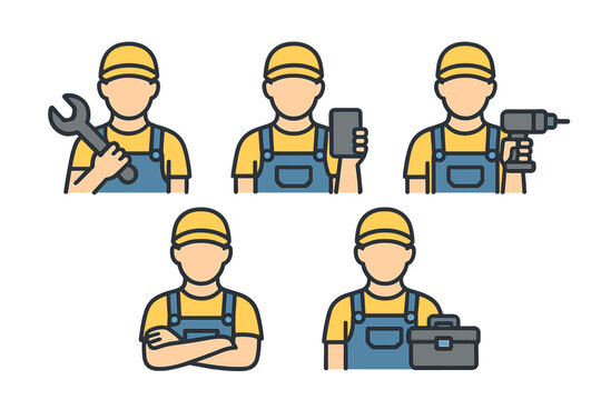 Workers displaying various tools and activities in a uniform setting demonstrating skills in maintenance and repair tasks