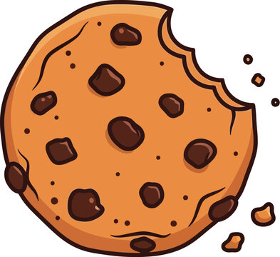 A delightful chocolate chip cookie illustration with a bite taken out, showcasing its deliciousness and inviting appeal for baking, snacks, and sweet treat designs.