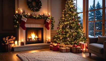 A beautifully decorated Christmas tree laden with presents illuminates a cozy living room, complete with a fireplace and festive holiday decorations