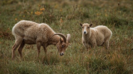 Obraz premium In a rich autumn meadow, a horned ram named Endor feeds while his sister Heidi watches