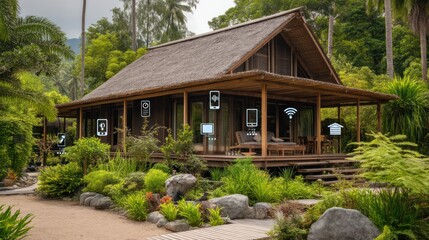 Clay and bamboo smart home in tropical setting, showing native materials enhanced by modern automation tools