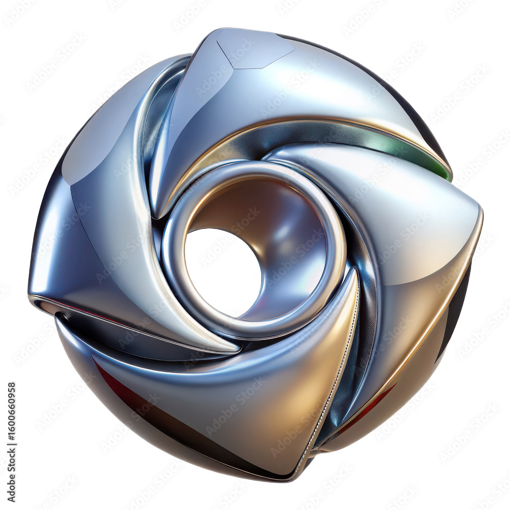 Fototapete abstract metallic sphere with swirling polished chrome like petals and a central opening isolated on