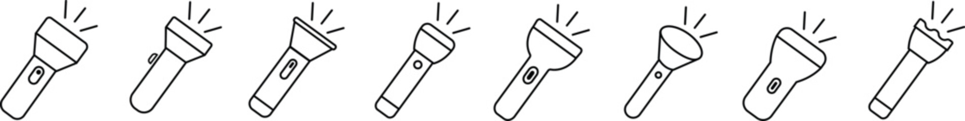 Hand torch flashlight set, black vector collection of electric lantern group in line style, portable light, battery lamp, emergency beam outline, glowing tool icon bundle