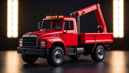 A red crane truck stands alert under vertical light panels&mdash;its extended arm mid-gesture, neither lifting nor resting. There's poise, precision, and a latent promise of action. Mechanized grace staged 