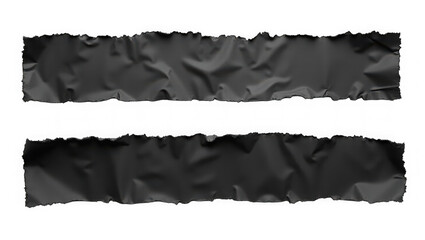 Two torn strips of black adhesive tape are isolated on a transparent background creating a textured and