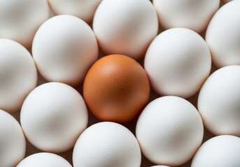 A top down, full frame shot of white and brown eggs, creating a textured pattern, perfect for food backgrounds, packaging, and agricultural concepts