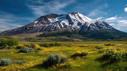 dormant volcano towering over a green valley, its rugged peak dusted with snow under a clear blue sky, colorful wildflowers blooming across the valley floor, adding contrast to the lush greenery,