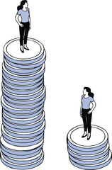 Gender Pay Gap Illustration  Miniature Women on Uneven Coin Stacks