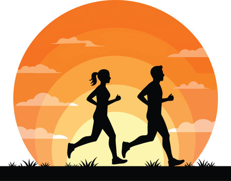 Silhouette Sunrise Run: A dynamic pair of silhouettes jogs against a vibrant sunrise, creating a powerful visual metaphor for fitness and the invigorating start of a new day.