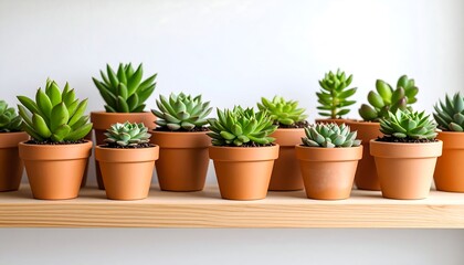 Fototapeta premium Succulents in terracotta pots on a shelf