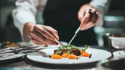 Chef meticulously plating a gourmet dish.